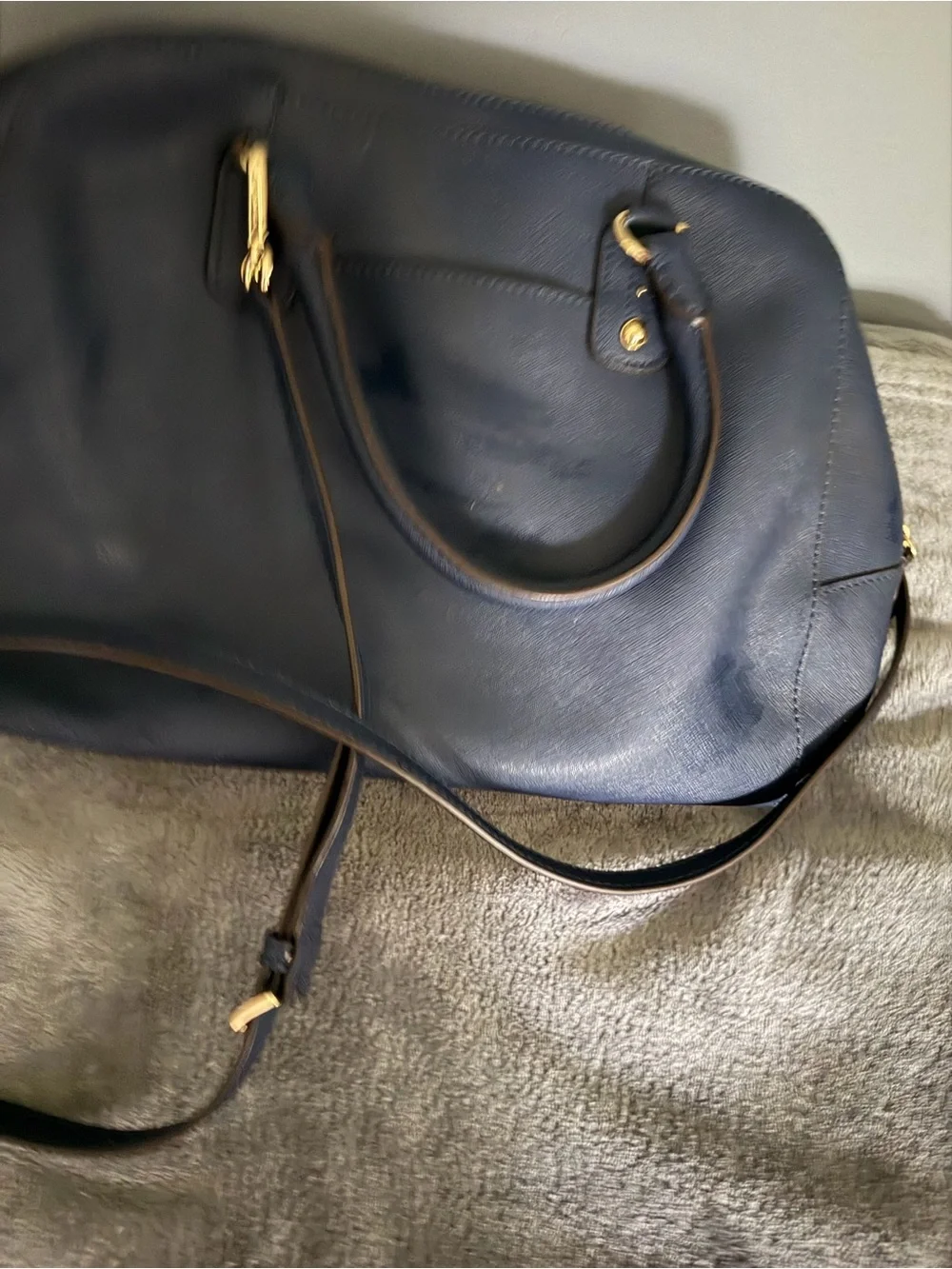 Michael Kors Navy Leather Satchel with Gold Plate